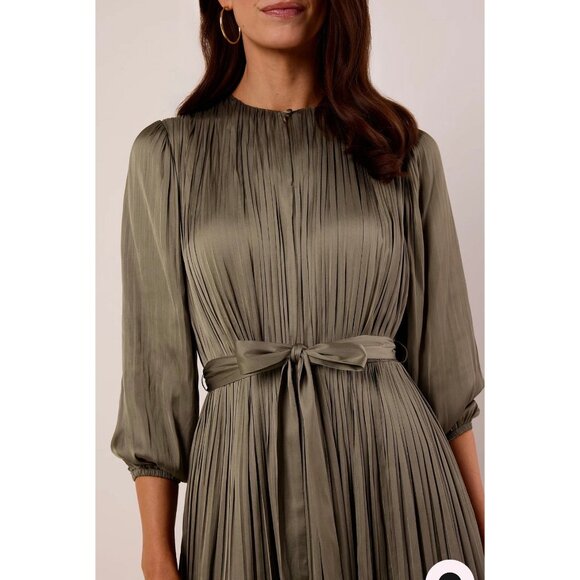 NWT Current Air Pleated Satin Dress - Avara Elsa Olive Maxi Dress - Picture 2 of 6